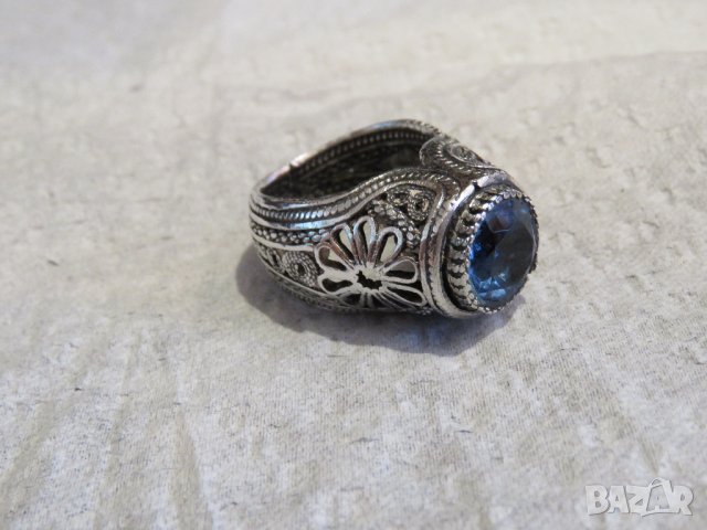 стар голям османски величествен пръстен с филигран син камък, турски сребро