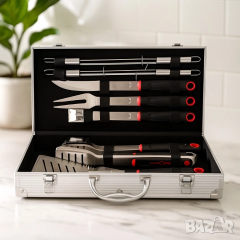 Луксозен комплект от 11 инструмента за барбекю в алуминиев куфар, снимка 3 - Други - 52086650