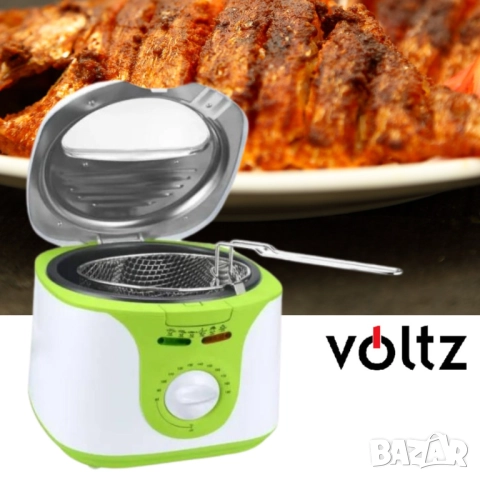 Фритюрник Voltz, 2 литра, 1300W, 80-190 C, Незалепващ съд, Бял/зелен 2 ГОДИНИ ГАРАНЦИЯ