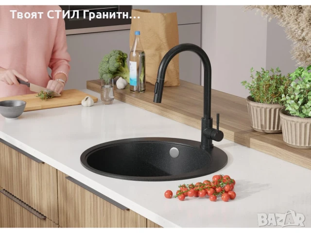 Графит кръгла кухненска гранитна мивка Пиза 50 Top 530 x 530 мм, снимка 3 - Мивки - 51286304