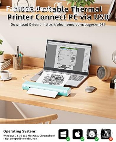 Нов Phomemo M08F: Безжичен Портативен Принтер за Документи, Снимки и Уеб Страници, снимка 3 - Друга електроника - 42530774