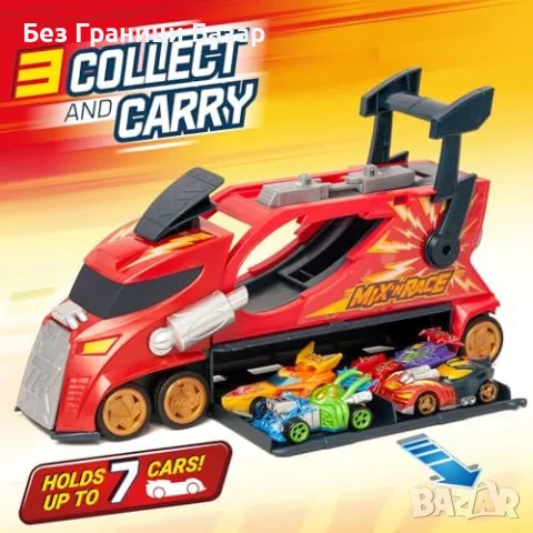 Нов T-Racers Thunder Truck – Камион със стартер и ексклузивна кола за деца, снимка 7 - Коли, камиони, мотори, писти - 47272612