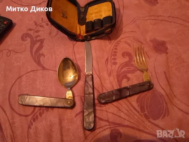 Туристически комплект в кожен калъф Петко Денев ножче вилица и лъжица без луфт