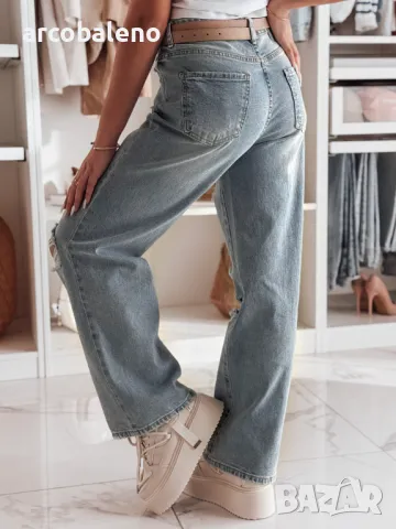 Дамски широки дънки с дупки NOWISTA, снимка 2 - Дънки - 49336587