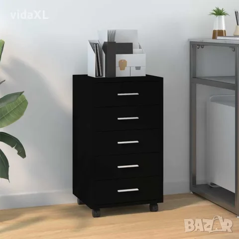vidaXL Шкаф с чекмеджета с колелца, черен, инженерно дърво, снимка 2 - Шкафове - 56147071