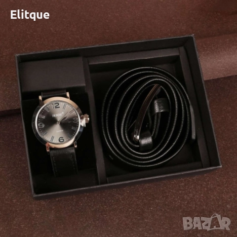 Подаръчен комплект Колан в черен цвят заедно с часовник кафяв/черен, снимка 2 - Мъжки - 52896024