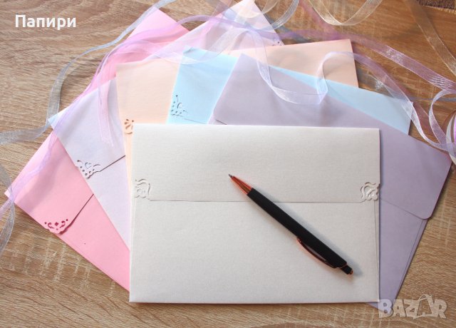 Перлени пликове за покани, писма, картички. Нежни пастелни цветове пликове, снимка 8 - Покани - 39377824