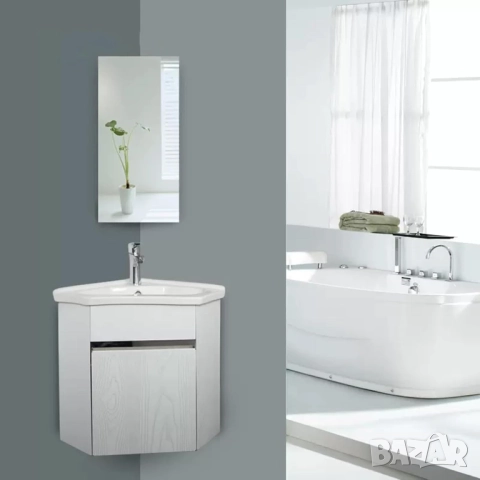 Ъглов Шкаф с Огледало за Баня, Стенен Монтаж, от Неръждаема Стомана, 3 Рафта, 60×30×19 см!