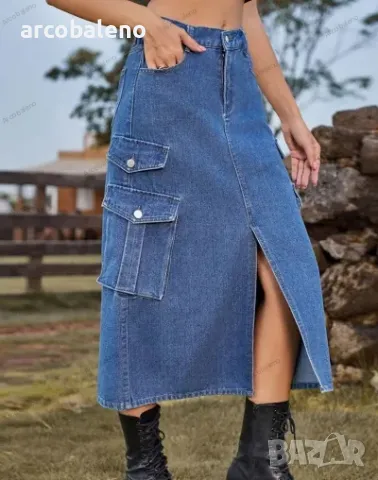 Дамска дънкова карго ежедневна миди пола с еластична талия, 2цвята , снимка 3 - Поли - 48991012