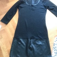 Дамска черна кожена рокля с 3/4 ръкав  , снимка 1 - Рокли - 30185080
