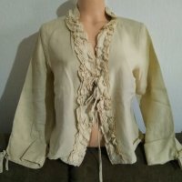 Тъмно бежова ленена блуза с къдри, M, снимка 2 - Блузи с дълъг ръкав и пуловери - 37968641