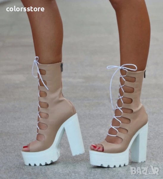 Летни боти на ток - тъмнобежова кожа - 101, снимка 1