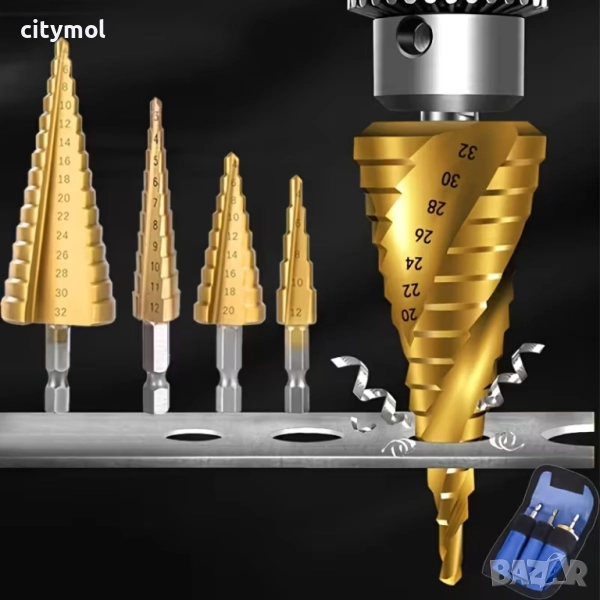 Комплект 3 стъпкови титаниеви свредла, HSS 4-12, 3-12, 4-20 mm, снимка 1