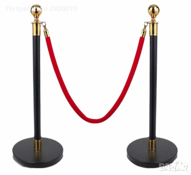 Комплект 2 броя метални ограничителни колчета черно/златно с червено въже ASED, снимка 1