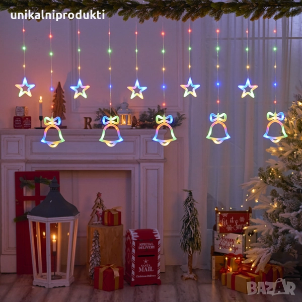 Коледни новогодишни лампички LED завеса "Приказна нощ" Камбанки+звездички в многоцветна светлина , снимка 1