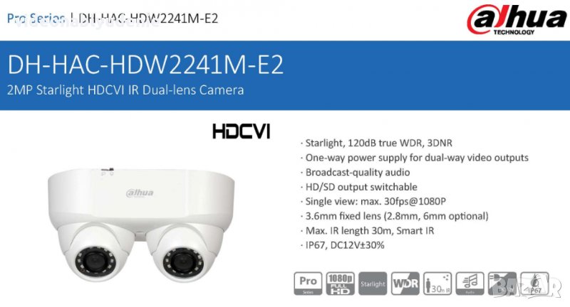 Мултисензорна Камера 2x2Mpx DAHUA HAC-HDW2241M-E2 2х HDCVI Изхода 1х Аудио Вход IP67 Водоустойчивост, снимка 1