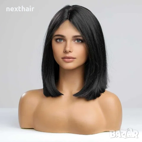 Елегантна права черна каре перука 35 см с път, снимка 11 - Аксесоари за коса - 54189668