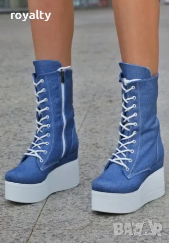 Боти на платформа - Деним, снимка 2 - Дамски боти - 49299636