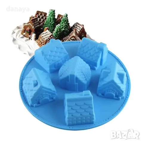 5628 Кръгла силиконова форма коледни къщички, 6 гнезда, снимка 4 - Форми - 48648034