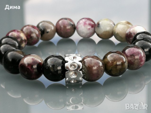 Дамска Гривна от 10 мм Натурален Дюмортиерит и Медицинска Стомана с Кристали Цирконий - Стреч, снимка 2 - Гривни - 30906524