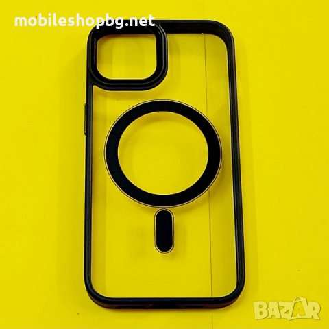 калъф за iPhone 14 прозрачен твърд с черна силиконова рамка MagSafe, снимка 1 - Калъфи, кейсове - 42622180
