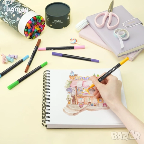 Ohuhu Maui Series маркери с два писеца тип четка и тънък писец,60 цвята, снимка 6 - Ученически пособия, канцеларски материали - 52146416