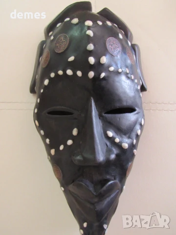 Африканска маска с медни инкрустации-голяма, снимка 2 - Антикварни и старинни предмети - 50887562