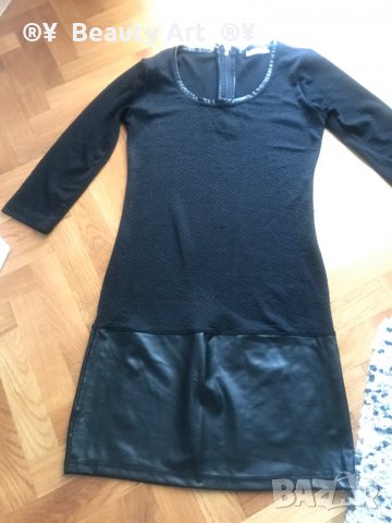 Дамска черна кожена рокля с 3/4 ръкав  