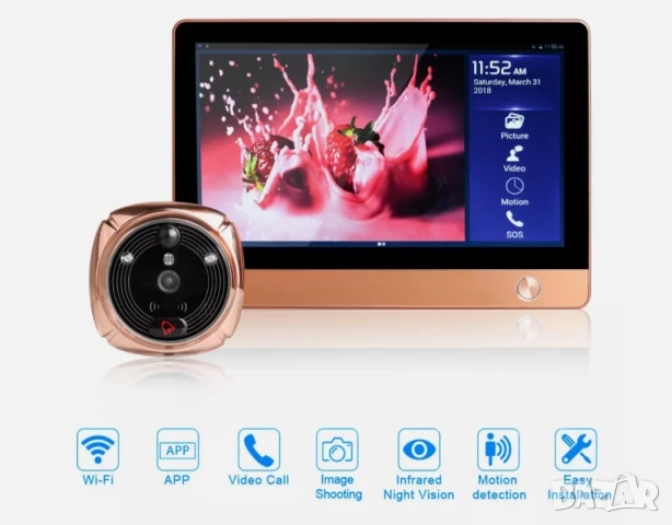 WLAN видеокамера за врата с 130° PIR сензор и 7" LCD