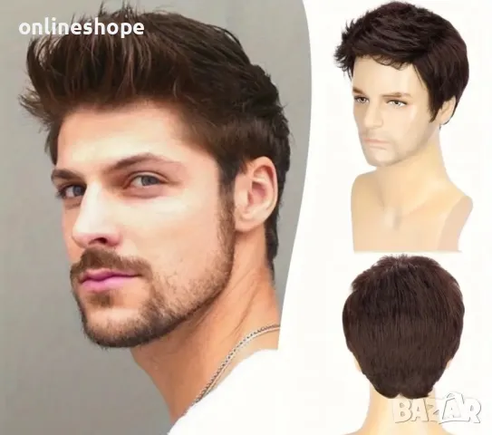 Мъжка перука - къса кафява коса – естествен вид , универсален размер , снимка 4 - Аксесоари за коса - 49826263