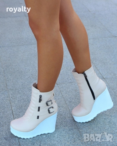 Боти на платформа - бежова кожа с бяло ходило, снимка 3 - Дамски боти - 52162434