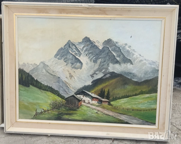 Големи стари картини масло планински пейзаж, езеро, брези-подписани, снимка 3 - Други ценни предмети - 54060095