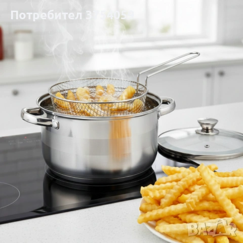 Тенджера с кошница за пържене и стъклен капак Cheffinger Ø24 см–инокс,6,5 л,за всички котлони, снимка 3 - Съдове за готвене - 53174437