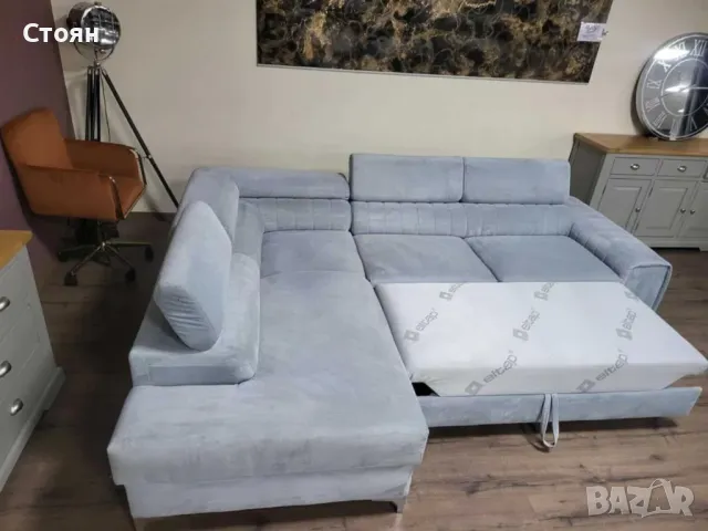 ПРОМОЦИЯ!!!Светло син ъглов диван от плат с функция сън и ракла, снимка 11 - Дивани и мека мебел - 47869811