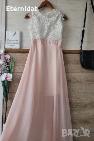 Официална дълга рокля в розово и бяло с дантела , снимка 2 - Рокли - 42840235