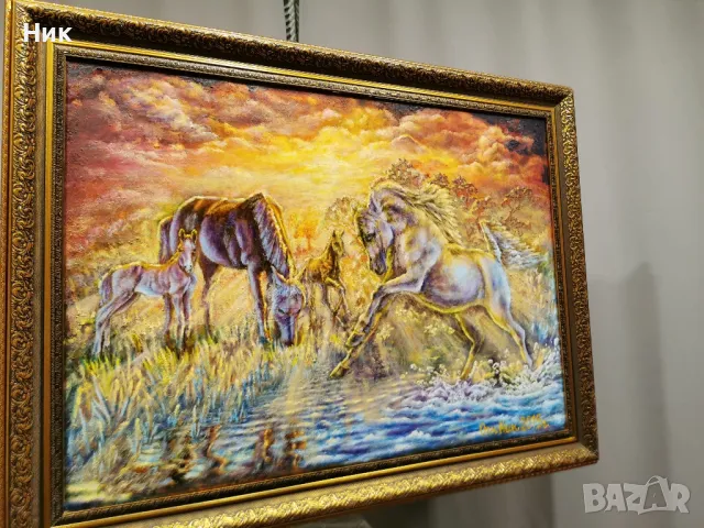 Картина върху платно с маслени бои Среща на коне при залез , снимка 2 - Картини - 49030638
