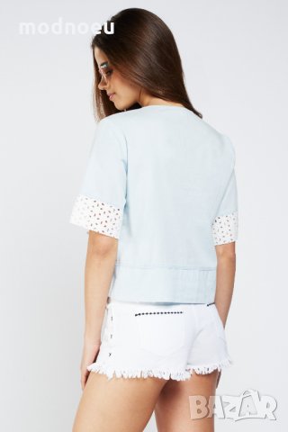 Нова къса блуза в синьо и дантела, снимка 4 - Тениски - 29566975