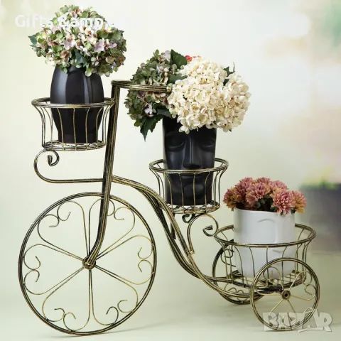 Поставка за 3 саксии - Велосипед, метална в златно, снимка 2 - Други - 49490251