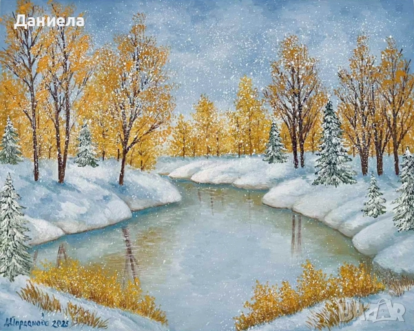 "Първи сняг.", авторска картина с маслени бои.