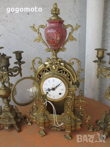 лот Стари, арт, античен, винтидж бароков каминен МЕХАНИЧЕН часовник с АЙЦЕ "ФАБЕРЖЕ"+2 броя свещника, снимка 2 - Антикварни и старинни предмети - 37346781