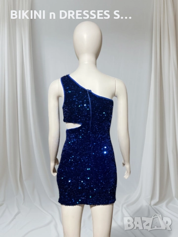Уникална синя рокля с пайети едно рамо, снимка 3 - Рокли - 48318309