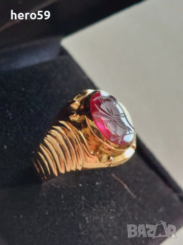 Златен пръстен 14к с гема(камея)изработена на натурален рубин., снимка 3 - Пръстени - 44478917