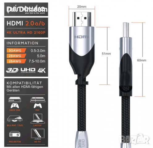 Продавам кабел HDMI 2.0 a/b 3D 4k ultra hd, снимка 1