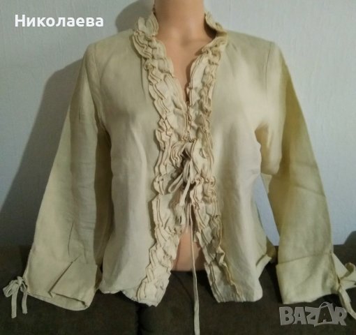 Тъмно бежова ленена блуза с къдри, M, снимка 2 - Блузи с дълъг ръкав и пуловери - 37968641