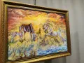 Картина върху платно с маслени бои Среща на коне при залез , снимка 2