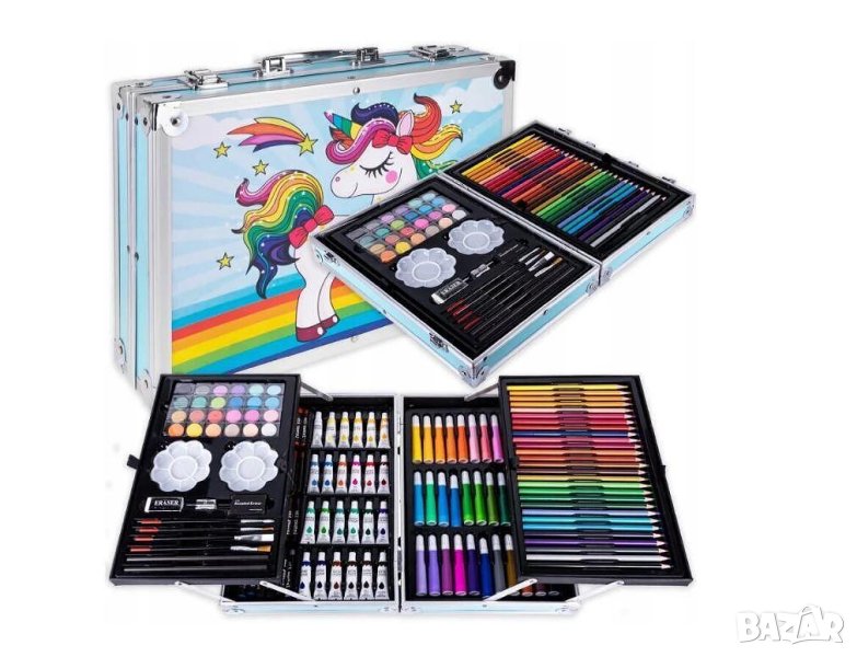 Комплект за рисуване и оцветяване в метален куфар Еднорог /145 части/., снимка 1