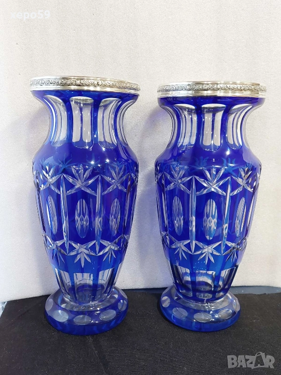 Комплект Прекрасни кристални вази със сребърни гривни''Бохемия кристал-1900 год.сребро 800, снимка 1