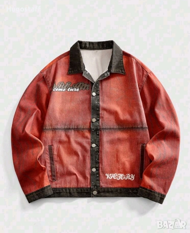 Ново мъжко дънково яке риза червено надписи деним памук ХЛ, снимка 1