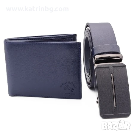 Мъжки комплект Will Polo – тъмносин колан с автоматична катарама и портфейл от естествена кожа, снимка 1