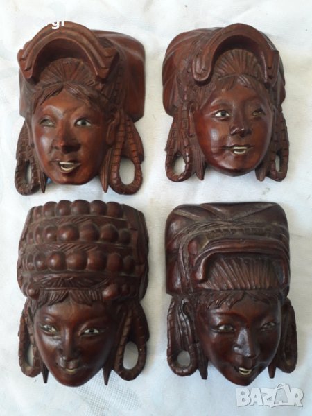 Колекция от четири дърворезбовани статуетки женски глави, снимка 1